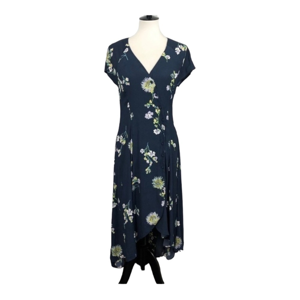 FREE PEOPLE Blue Floral V-Neck Short Sleeve Button Front Midi Dress Large - Picture 10 of 14